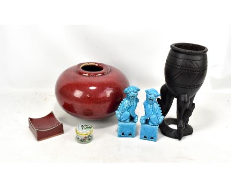 A pair of Chinese turquoise glazed Dogs of Fo, a large globular langyao glazed vase, a lidded trinket box etc.
