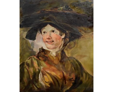JOHN; oil on board, portrait of a lady in green coat wearing hat, signed 'John' and dated 1928 lower right, 48 x 38cm, framed