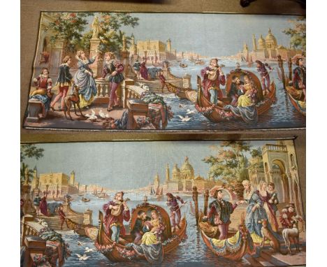 A large tapestry depicting ladies, gentlemen and musicians in traditional dress with Venetian landscape to background, approx