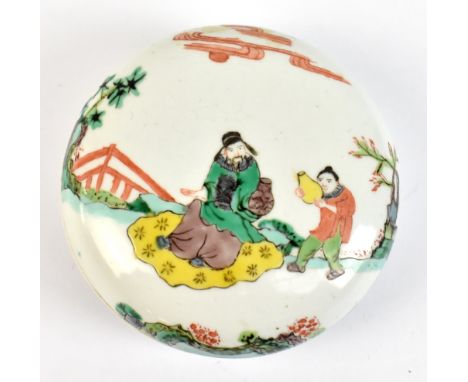 A 19th century Chinese porcelain famille verte lidded dish decorated with scholar and boy attendant in garden or landscape wi