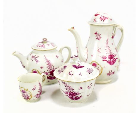 Four pieces of 18th century Worcester porcelain decorated in the Camaieu pattern,&nbsp; to include teapot , coffee pot, beari