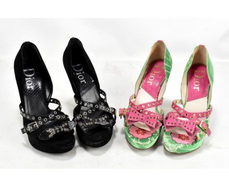 CHRISTIAN DIOR; two pairs of lady's heels to include platform pumps with bow front, size 38 1/2, and a similar green and pink