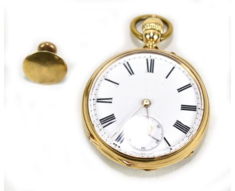 A late 19th/early 20th century yellow metal pocket watch, with enamellled dial set with Roman numerals and subsidiary seconds