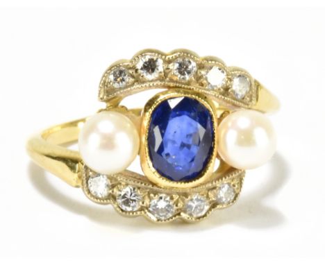 An Art Deco yellow metal diamond and sapphire ring, size H to I, approx 3.3g.