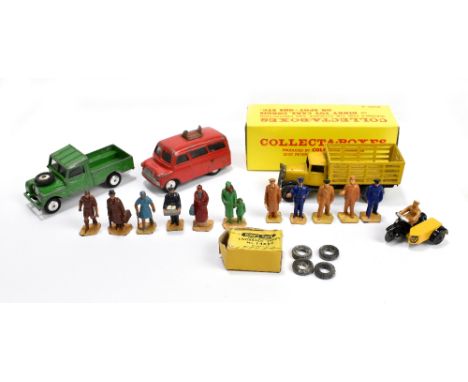 DINKY; a yellow lorry, a motorcycle and sidecar, boxed sets of 'Miniature Figures for Model Railways', 'Engineering Staff' an