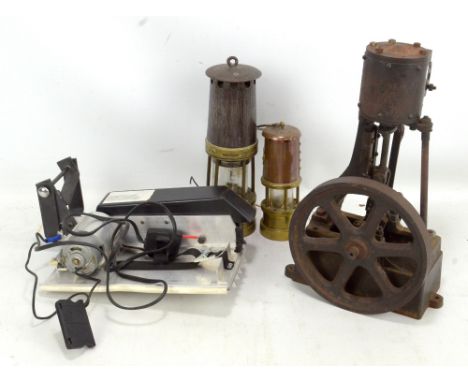 A model stationary engine, height 34cm, and two miner's safety lamps (one small size).