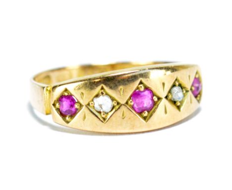 A late Victorian 15ct yellow gold, ruby and rose cut diamond five stone dress ring, size H 1/2, approx 1.6g.