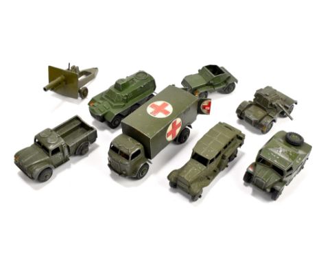 DINKY; a group of military vehicles including 626 Military Ambulance, Armoured Personnel Carrier, Armoured Car etc.