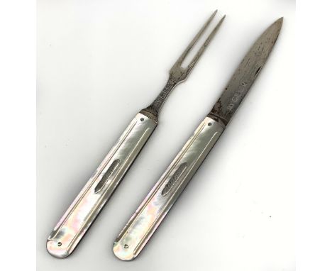 AARON HADFIELD; an early Victorian hallmarked silver mother of pearl bodied travelling folding knife and fork, both set with 