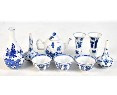 A group of Chinese 18th century porcelain including small teapot decorated in underglaze blue with crane and ducks to either 