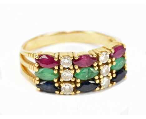 A yellow metal diamond blue, green and red stone dress ring, size P/Q, approx 4.9g.