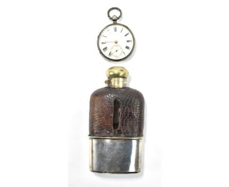 A Victorian hip flask with hallmarked silver detachable cup, Birmingham 1878, with a hallmarked silver pocket watch.