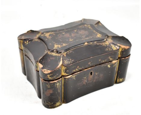 A Victorian black lacquered tea caddy with gilt and painted decoration of Oriental figures in landscape, the hinged cover enc