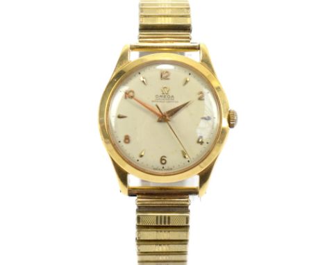 A gentleman's 18ct gold cased Omega chronometer, the circular silvered dial with Arabic numerals, presentation inscription to