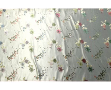 Approximately eight yards of c.1950-60s Chinese floral decorated silk on light green ground, repeatedly inscribed to top 'Fou