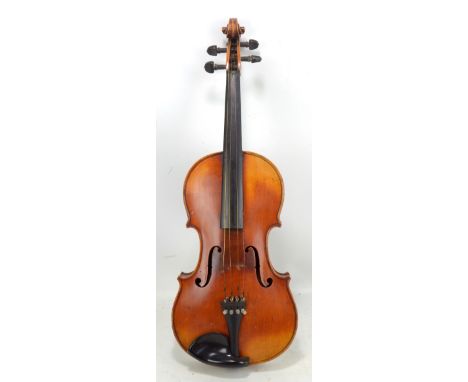 A Stradivarius copy violin with two-piece back, length of back 36.2cm, cased with two bows.Additional InformationPlease refer