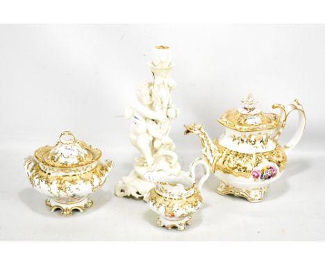 A 19th century William &amp; Thomas Adams three piece tea service, the teapot with bird head spout, each piece painted with f