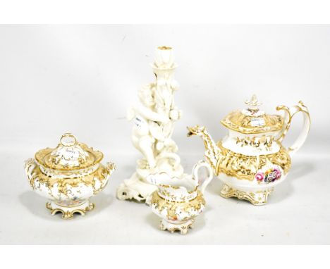 A 19th century William &amp; Thomas Adams three piece tea service, the teapot with bird head spout, each piece painted with f