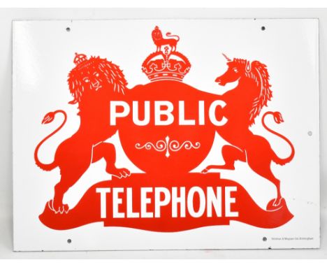 An advertising double sided enamelled sign public telephone, depicting a rampant lion and unicorn surrounding a shield with c
