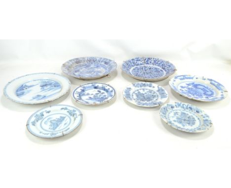 A group of 18th century Delft painted in underglaze blue with Chinese-style landscapes and floral sprays (majority af).&nbsp;