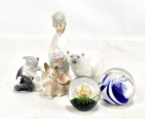 Two glass paperweights including Caithness 'White Horses' example and four Lladro figures (6).