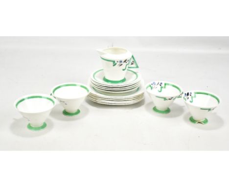 SHELLEY; a sixteen-piece part tea service decorated in the 'Green J' pattern, in the 'Vogue' shape, comprising milk jug, four