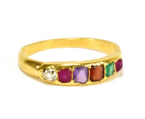 A 19th century yellow metal acrostic 'Regard' ring, with the order of the stones, ruby, emerald, garnet, amethyst, ruby and d