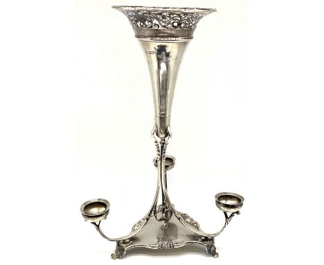 JACKSON &amp; FULLERTON; an Edwardian hallmarked silver epergne with central pierced trumpet vase, held by three sweeping sup