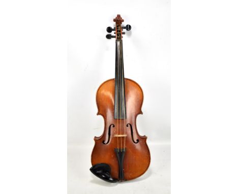 A full size Stradivarius copy violin, with two-piece back, length of back 36cm, with bow and case.