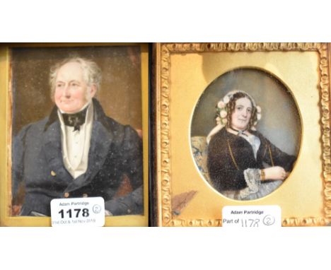 19TH CENTURY ENGLISH SCHOOL; two watercolour portrait miniatures on ivory, lady and gentleman in traditional Victorian dress,