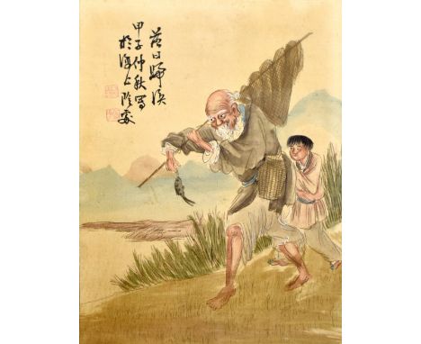 A late 19th/early 20th century Chinese watercolour depicting elderly fisherman and young attendant in rural setting, script a