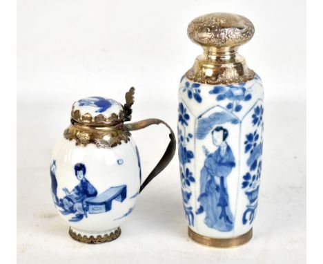 A Chinese 18th century porcelain bottle decorated in underglaze blue with alternating panels of scholar holding plant and flo