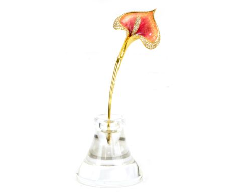 FABERGÉ; an 18ct yellow gold diamond and enamelled limited edition 'Arum Lily' brooch, the flower head decorated in orange/sa