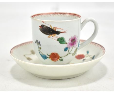 A Worcester teacup and saucer painted in the Famille Rose palette, decorated in the 'Harvest Bug' pattern.Additional Informat
