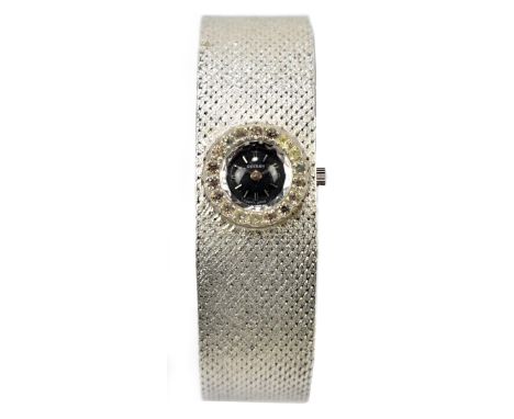 ROTARY; a lady's stainless steel fashion watch, the black dial set with baton numerals.
