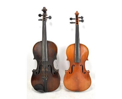 APOLLO; a full size violin with two-piece back and paper label to interior, length of back 36cm, with cello bow stamped Tourt