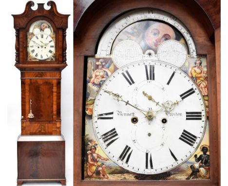 A 19th century mahogany longcase clock, the painted dial set with Roman numerals and subsidiary dials, with landscape and sea