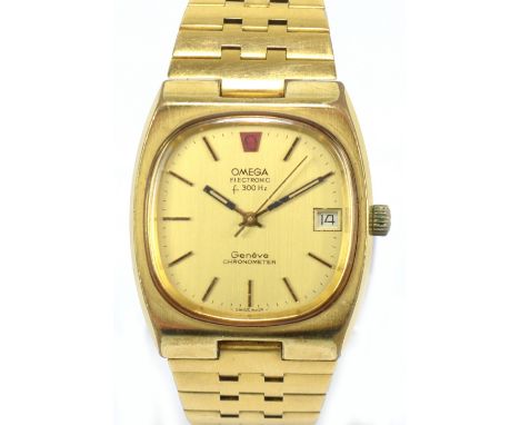 OMEGA; a gentleman's gold plated electronic 'Genéve' chronometer wristwatch, the shaped rectangular dial set with baton numer