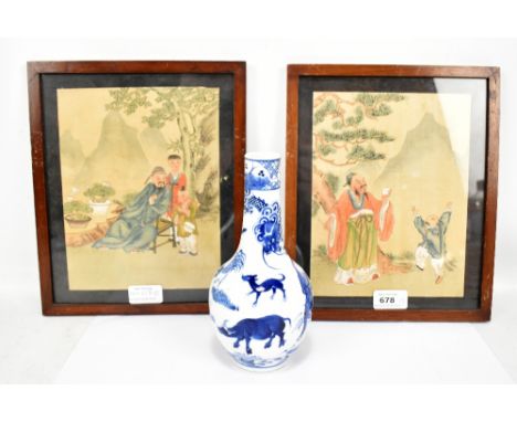 A small Chinese porcelain bottle vase painted in underglaze blue with the animals of the zodiac, four character Kangxi mark t