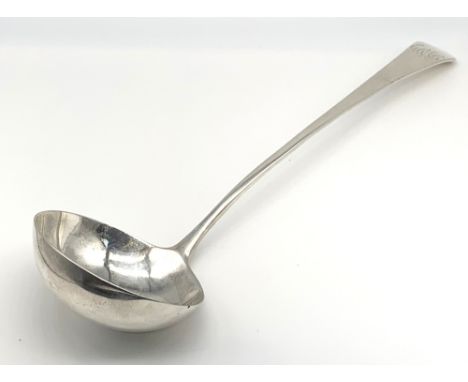 STEPHEN ADAMS I; a George III hallmarked silver ladle, with engraved initials 'RAS' to the handle, London 1800, length 33cm, 