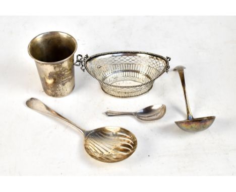 Four Dutch .833 silver items comprising beaker engraved 'A.EC.D 13 Januari 1896' (sic), pierced basket (af), ladle and spoon 