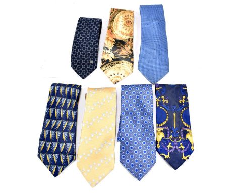VERSACE; a blue and yellow pattern tie, and 100% silk Lanvin ties, Celine tie, Loewe toe, and a Bialucci tie (7).