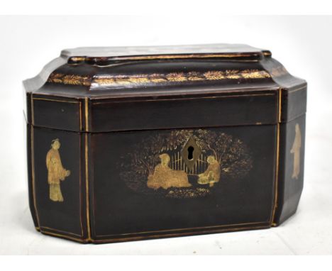 A 19th century Chinese lacquered tea caddy, painted with figures in landscape scenes, the hinged cover lifts to enclose pewte