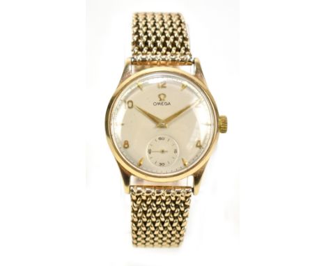OMEGA; a gentleman's 9ct gold wristwatch and strap, the circular dial set with Arabic numerals set between batons, with subsi