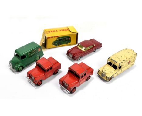 DINKY; a boxed Trojan 15 Van with 'Chivers Jellies' decal, Daimler Ambulance and two trucks with 'Police' and 'Mersey Tunnel'