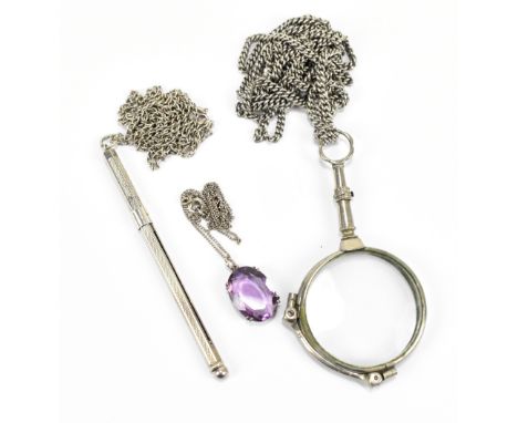 Three items to include a white metal pendant set with purple coloured stone, on chain, a sterling silver swizzle stick suspen