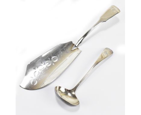 PETER &amp; WILLIAM BATEMAN; a George III hallmarked silver fish slice, with pierced decoration, and in monogrammed terminal,
