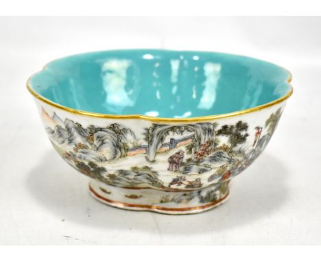 A Chinese porcelain lobed footed bowl decorated with figural landscape, with gilt rim and turquoise enamelled interior, Daogu