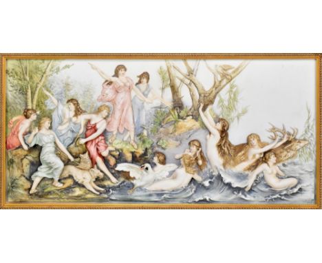 A late 19th/early 20th century Italian painted bisque porcelain plaque depicting Diana the Huntress and her attendants in rur