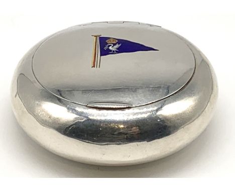 A George V hallmarked silver snuff box of circular form, with flush hinged lid centred with a flag for The Liverpool Sailing 